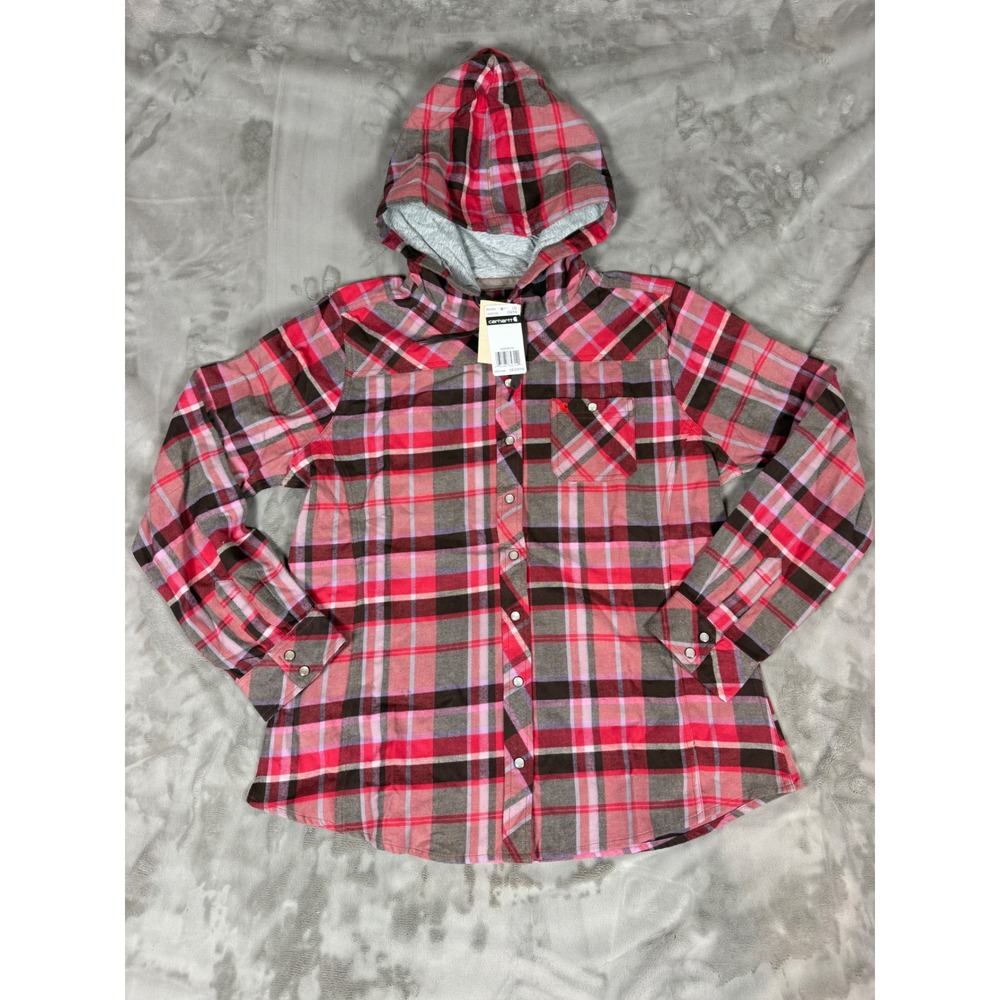 Carhartt Women Pink Plaid Hooded Flannel Pearl Snap Shirt 100031 646 LG 12/14 NW